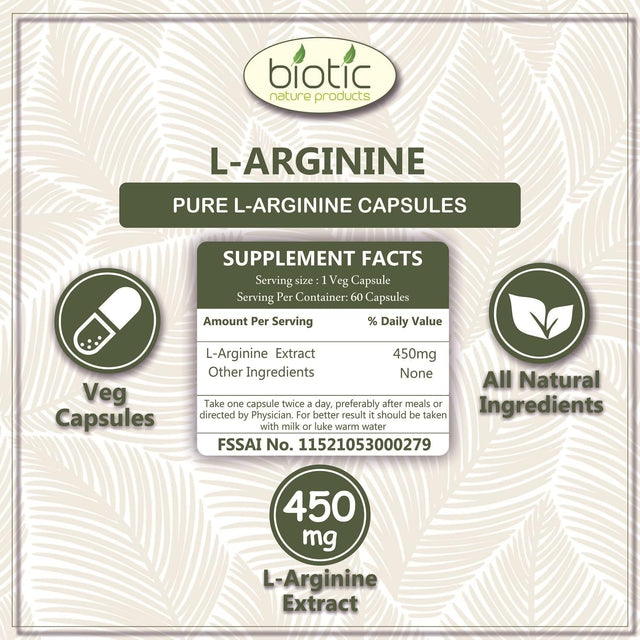 Biotic L-Arginine/L Arginine Capsules 450 Mg - 60 Veg Capsules for Muscle