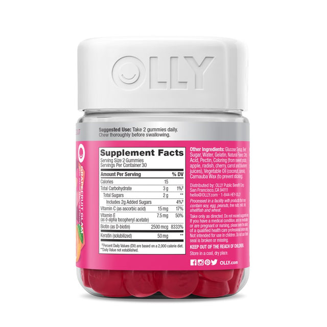 OLLY Undeniable Beauty Gummy, Supplement for Hair, Skin, Nails, Grapefruit, 60 Ct