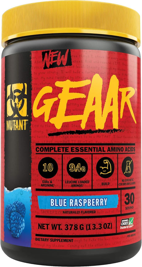 Mutant GEAAR - 9.4G of EAA Powder + Arginine, 7G Bcaas, 4G Leucine, Electrolytes, Coconut Water, No Artificial Colors or Flavors, Delicious Taste - 30 Servings - Blue Raspberry - 378G