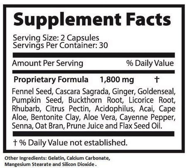 Super Colon 1800 Max Strength Weight Loss Detox Cleanse All Natural with Acai Fruit and Fennel Seeds 60 Capsules per Bottle (2 Bottles)