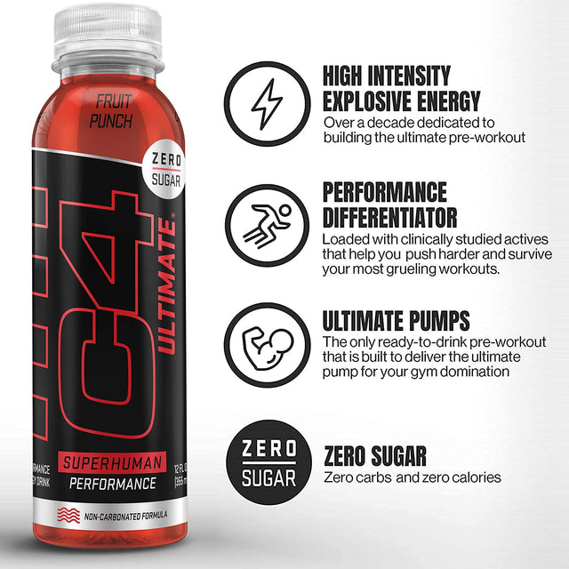 C4 Ultimate Non-Carbonated Zero Sugar Energy Drink, Pre Workout Drink + Beta Alanine, 12 Fl Oz (Pack of 12)