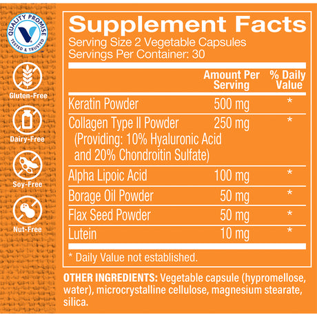 The Vitamin Shoppe Elements for Hair, Skin & Nails, Antioxidant That Supports Growth of Hair, Skin & Nail Health with Collagen Type II Powder & Hyaluronic Acid (60 Veggie Capsules)