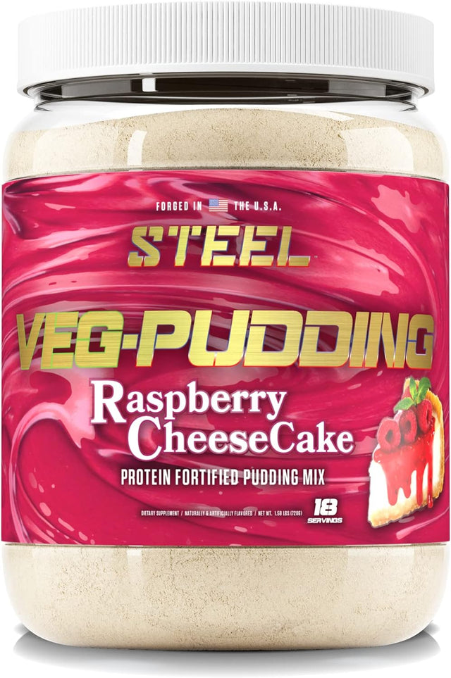 Steel Veg-Pudding | Vegan Protein Pudding Powder Mix, Raspberry Cheesecake | 18 Servings (1.58Lbs) | Organic Pea Protein with BCAA Amino Acids for Muscle Growth and Recovery | Non Dairy | Soy Free