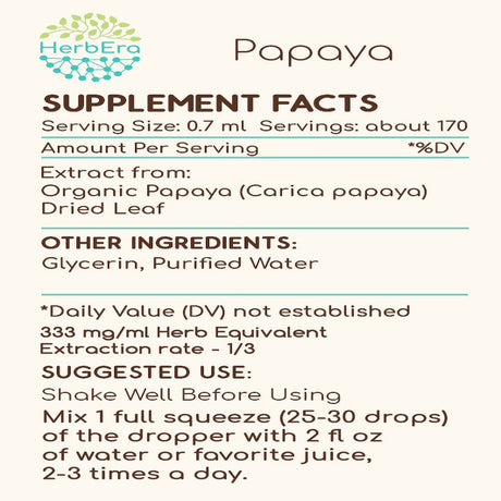 Papaya Alcohol-Free Herbal Extract Tincture, Super-Concentrated Organic Papaya (Carica Papaya) Dried Leaf 4 Oz