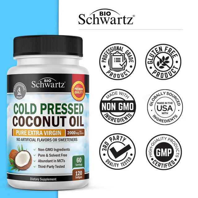 Bioschwartz Coconut Oil Capsules - Healthy Skin, Nails, and Hair Growth Support Supplement | 120 Ct