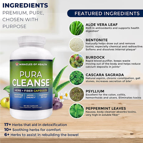 Pura Cleanse Fiber Caps | 100% Natural Herb and Fiber Detox Capsules | Month Supply