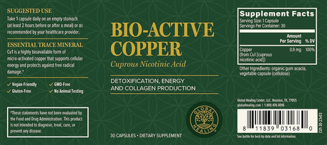 Global Healing Bio-Active Copper Supplement Cu1 - Cuprous Nicotinic Acid Helps Detox Body from within - Supports Immune System & Red Blood Cell - Niacin Vitamin B3 Chelated Copper - 30 Capsules