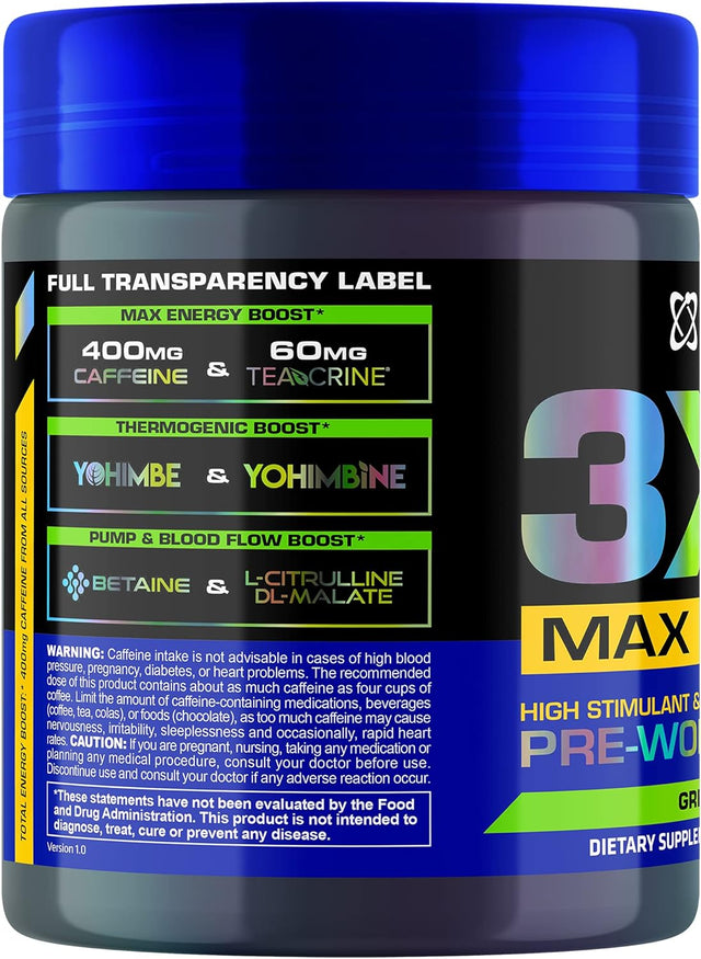 USN 3XT Max Energy Pre-Workout Supplement Powder for Energy, Endurance, and Pump, Preworkout Drink Mix, Nitric Oxide, Citrulline, Caffeine, Zero Creatine, Green Apple (30 Servings)