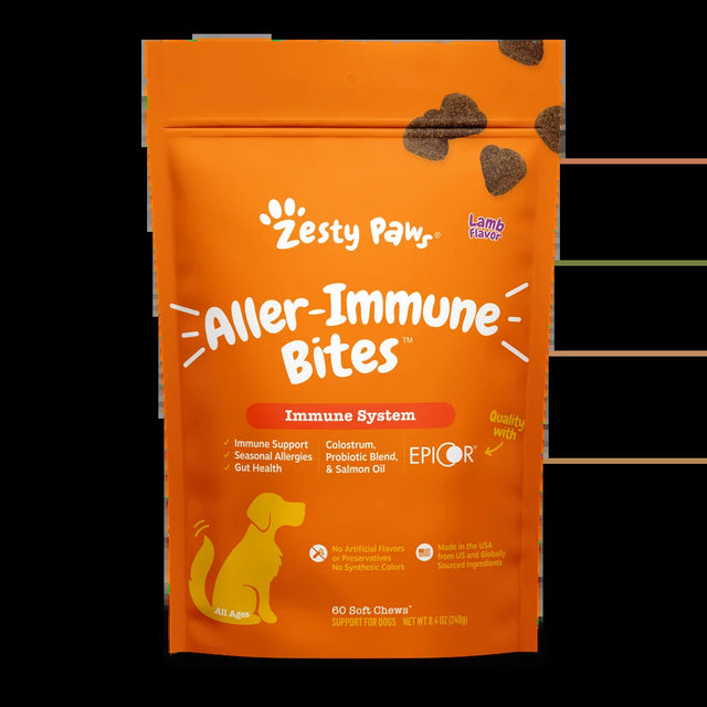 Zesty Paws Immune System Aller-Immune Bites for Dogs, Allergy Relief and Supports Immune Function, Gut Health & Sensitive Skin W Colostrum + Probiotics & Salmon Oil, Lamb Flavor, 60 Count Soft Chews