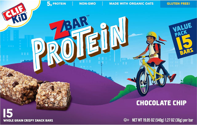 CLIF Kid Zbar Protein - Chocolate Chip - Crispy Whole Grain Snack Bars - Made with Organic Oats - Non-Gmo - 5G Protein - 1.27 Oz. (15 Pack)