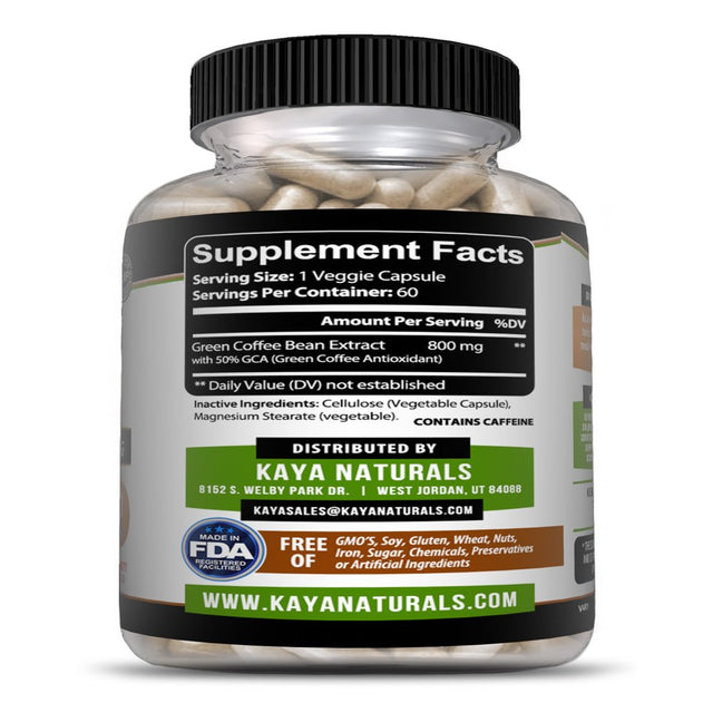 Kaya Naturals Green Coffee Bean 60Ct - Weight Management, Antioxidant, Blood Pressure Support- 800Mg