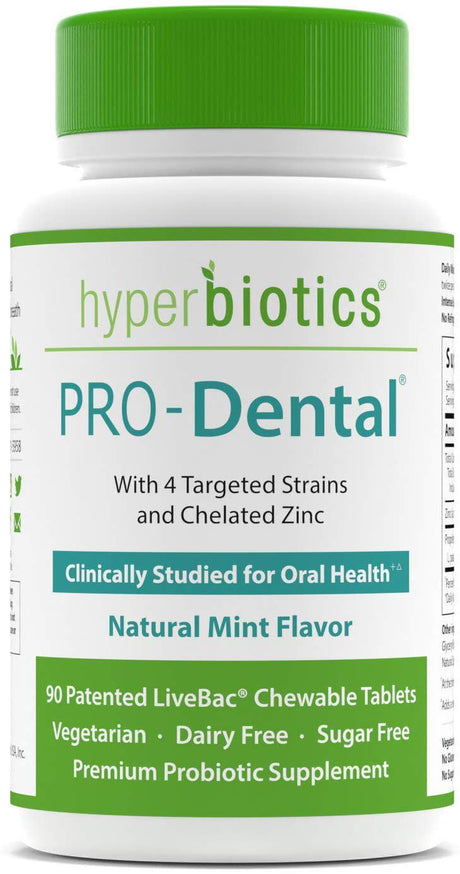 Hyperbiotics Pro-Dental W/ 4 Targeted Strains & Chelated Zinc - Clinically Studied for Oral Health - Natural Mint Flavor - 90 Livebac Chewable Tablets