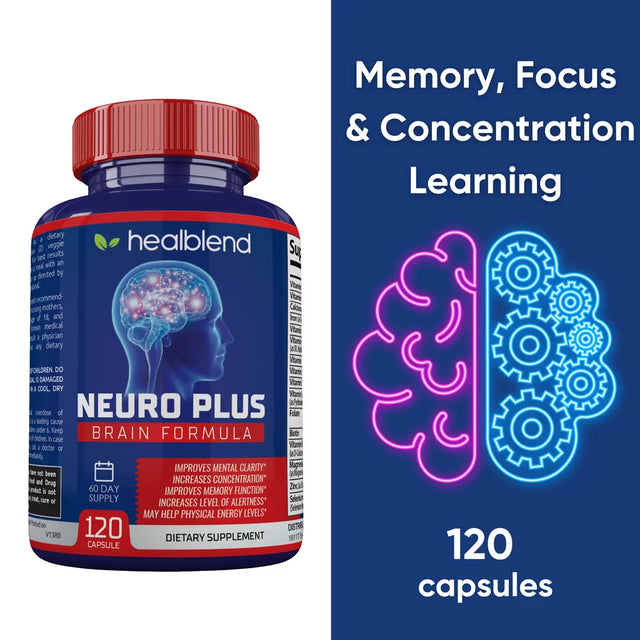 Healblend Neuro plus Brain Booster Supplements - Brain & Focus Formula, Supports Memory, Concentration & Mental Clarity for Adults - 120 Capsules