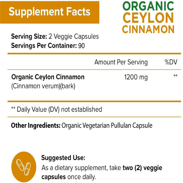 Nutriflair Organic Ceylon Cinnamon Supplement 1200Mg, 180 Capsules - USDA Certified Organic Cinnamon - Non-Gmo, Gluten Free Cinnamon Powder, Antioxidant Cinnamon Pills - Supports Glucose Metabolism