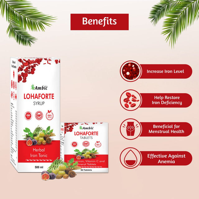 Ambic Lohaforte Iron Syrup 500 Ml with Tablet 60 I Ayurvedic Iron and Folic Acid Supplement I Hemoglobin Booster Syrup and Tablet & Supports Blood Building in Kids, Men A