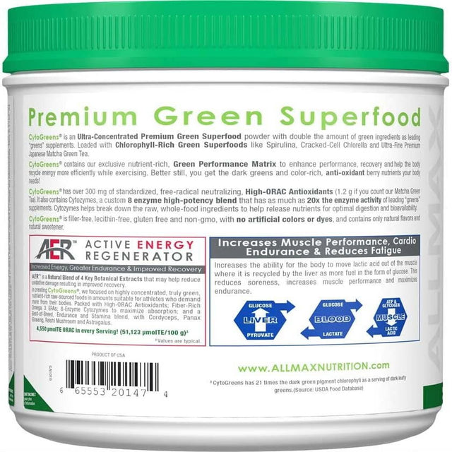 ALLMAX CYTOGREENS, Acai Berry Green Tea - 1.2 Lbs - Supports Performance, Recovery & Energy - with Spirulina, Chlorella, Spinach, Barley Grass & Green Tea - 60 Servings Acai Berry Green Tea 1.18 Pound (Pack of 1)