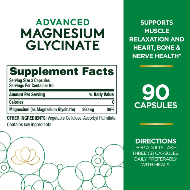 Nature’S Bounty Advanced Magnesium Glycinate Supplement, Heart, Nerves, Muscle & Bone Health Support, 360Mg, 90 Ct