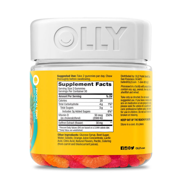 OLLY Hello Happy Gummy Worms, Mood Balance Support Supplement, Vitamin D, Tropical, 60 Ct