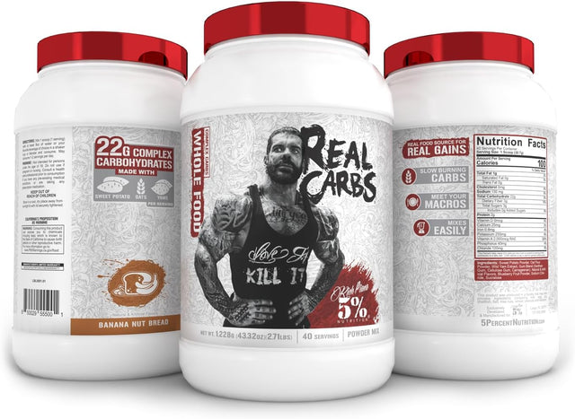 Rich Piana 5% Nutrition Real Carbs with Real Food Complex Carbohydrates, Long-Lasting Low Glycemic Energy for Pre-Workout/Post-Workout Recovery Meal, 2.7 Lb, 40 Servings (Banana Nut Bread)