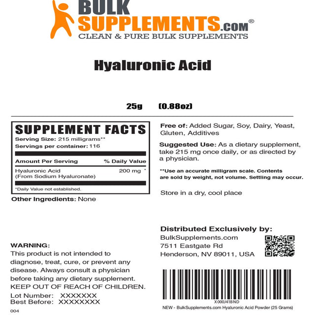 Bulksupplements.Com Hyaluronic Acid Powder, 200Mg - Promotes Skin & Vision Health (25G - 116 Servings)