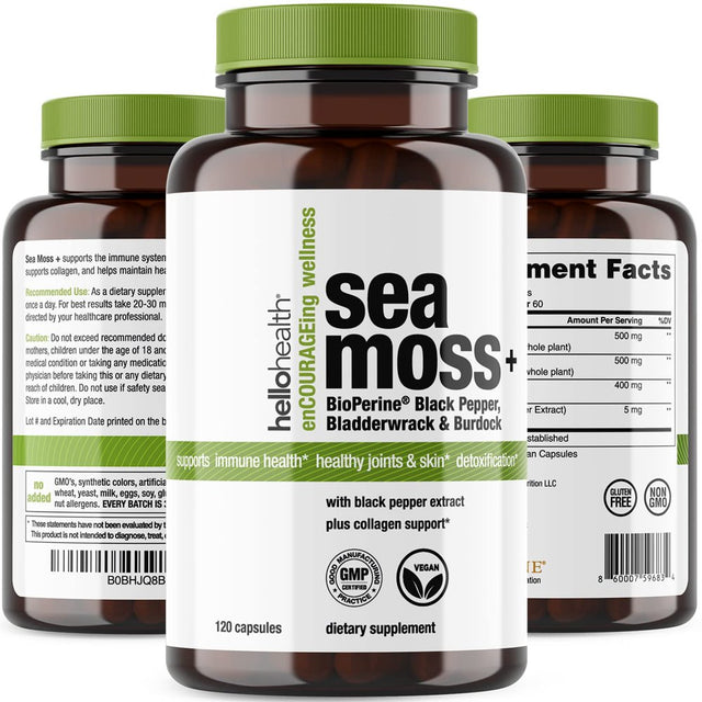 Hello Health Organic Irish Sea Moss - Bioperine Super Food for Immune Support -Thyroid Support - Gut, Skin & Joint Health - 120 Capsules