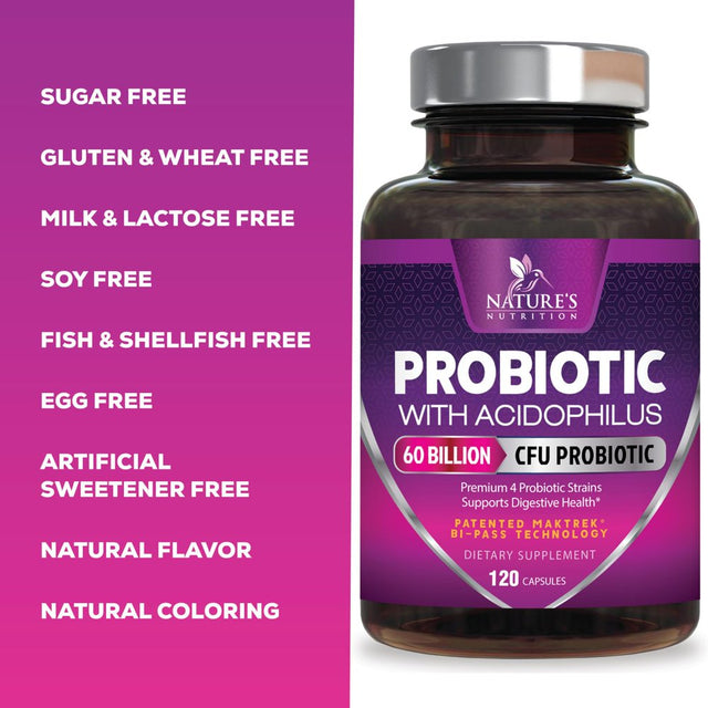 Probiotics, 60 Billion CFU per Serving, Probiotic with Prebiotics for Digestive & Immune Health Support for Women & Men - Nature'S Supplement Is Shelf Stable, Soy, Dairy & Gluten Free - 180 Capsules