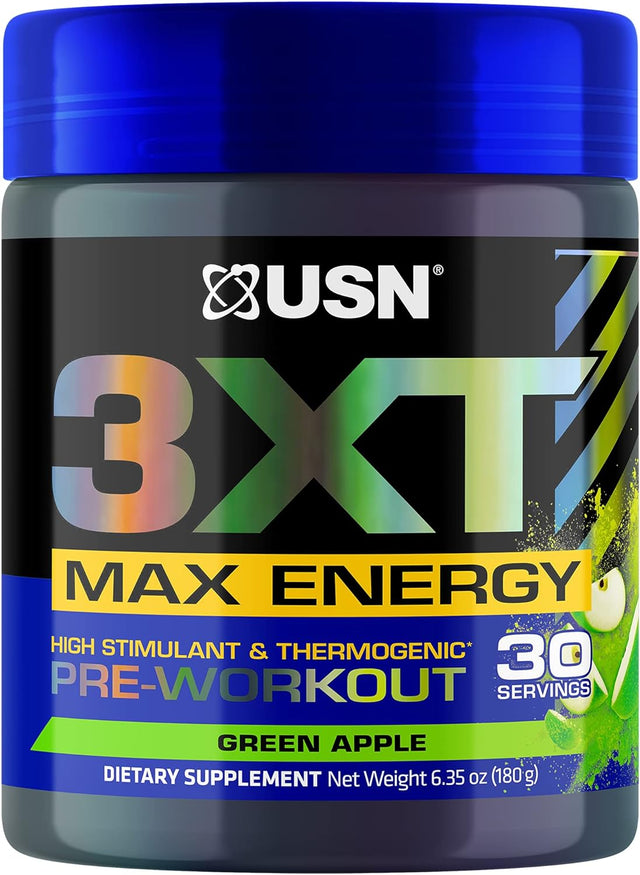 USN 3XT Max Energy Pre-Workout Supplement Powder for Energy, Endurance, and Pump, Preworkout Drink Mix, Nitric Oxide, Citrulline, Caffeine, Zero Creatine, Green Apple (30 Servings)