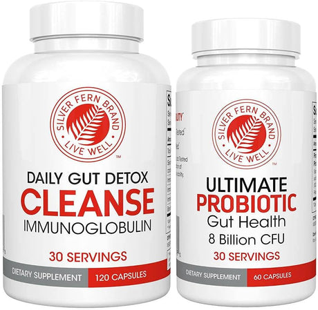 Silver Fern Gut Rehab Kit - 30 Day Supply - Cleanse Daily Detox (1 Bottle = 120 Capsules) & Ultimate Probiotic (1 Bottle = 60 Capsules) - Immunoglobulins & Spore Forming Probiotics