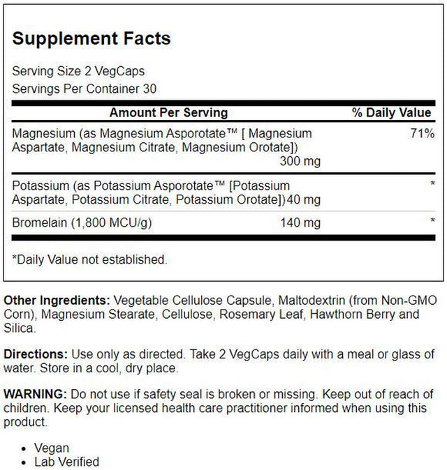 Solaray Magnesium & Potassium Asporotates W/ Bromelain, Healthy Electrolyte, Bone & Muscle Support, 30 Serv, 60 Vegcaps