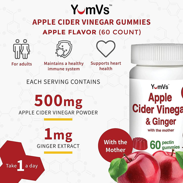 Apple Cider Vinegar Gummies with the Mother + Ginger by Yumvs | Non GMO, Vegetarian Supplement for Women & Men | Heart Health and Digestive Support | Natural Apple Flavor Chewables - 60 Count