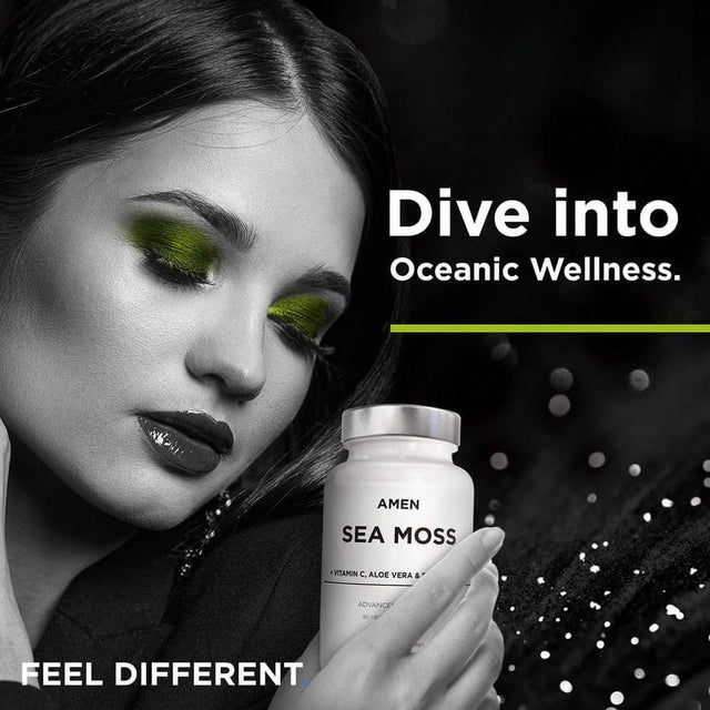 Amen Sea Moss, Bladderwrack, Burdock, Vitamin C, Aloe Vera, Black Pepper, Seaweed Superfood, 90 Ct