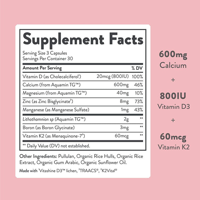 Calcium Supplement - Whole Food with Vitamin K2 & D3, Magnesium, Zinc, Boron, Mineral Complex. Sourced Sustainably from Red a Ae. for Bone Strength and Support. Non-Gmo & Vegan 90 Capsules.