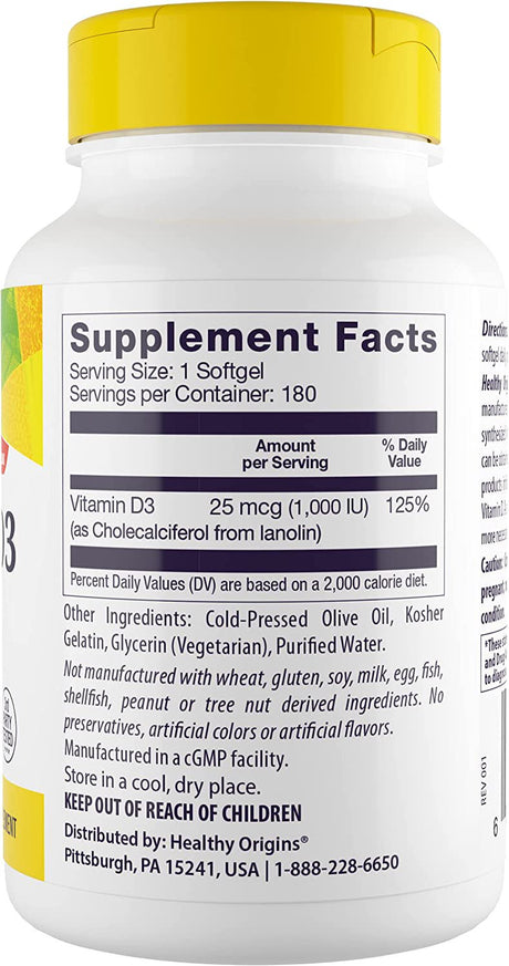 Healthy Origins Vitamin D3 1,000 IU (Non-Gmo, Bone Support, Immune Support, Gluten Free), 180 Softgels