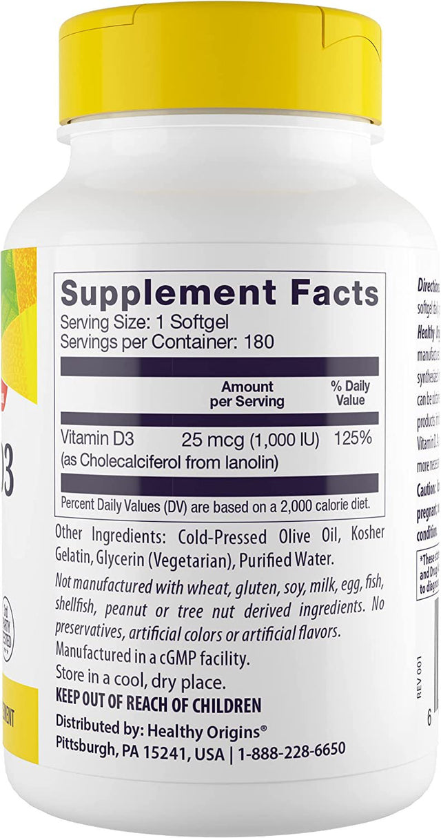 Healthy Origins Vitamin D3 1,000 IU (Non-Gmo, Bone Support, Immune Support, Gluten Free), 180 Softgels