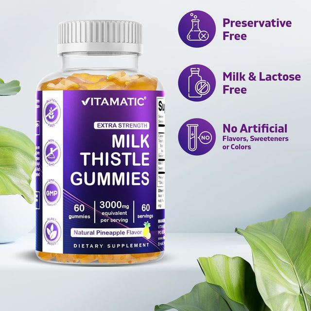 Vitamatic Milk Thistle Gummies - 3000 Mg Equivalent - Liver Detox & anti Oxidant Health - Min. 80% Silymarin Flavonoids - 60 Pectin Based Gummies