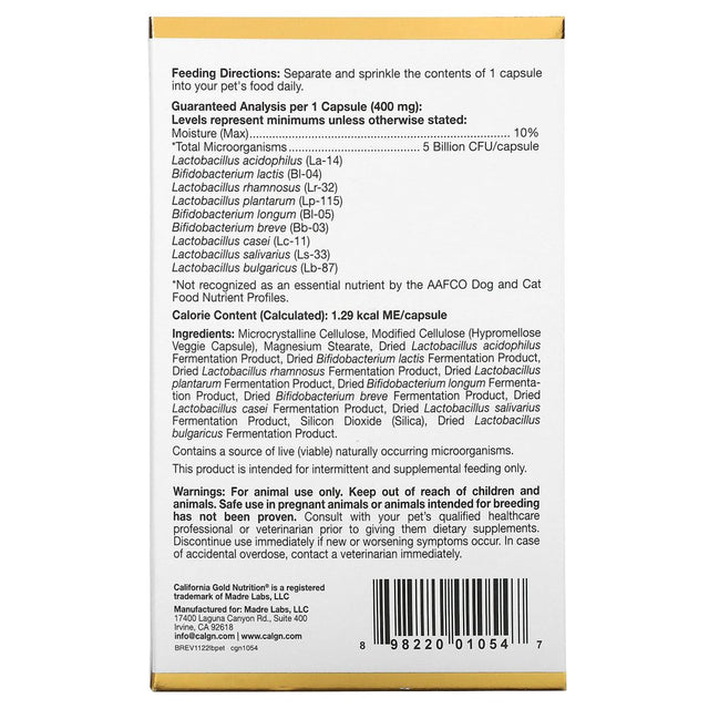 Lactobif Pet Probiotics, 5 Bllion CFU, for Dogs & Cats, 9 Active & Clinically Researched Probiotic Strains, Individually Double-Foil Blister Sealed, 60 Veggie Capsules