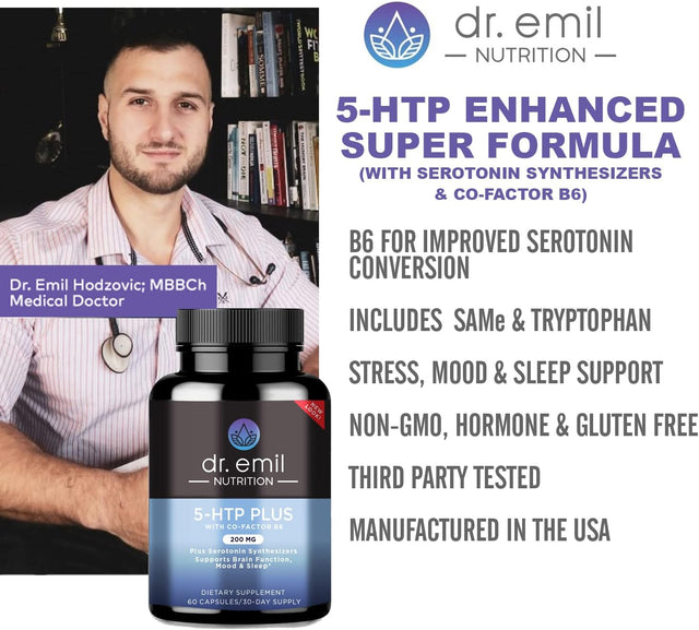 DR EMIL NUTRITION 200 MG 5-HTP plus with Sam-E to Maintain Normal Healthy Sleep and Create a Sense of Wellbeing - 5HTP Supplement with Vitamin B6-60 Vegan Capsules, 30 Servings