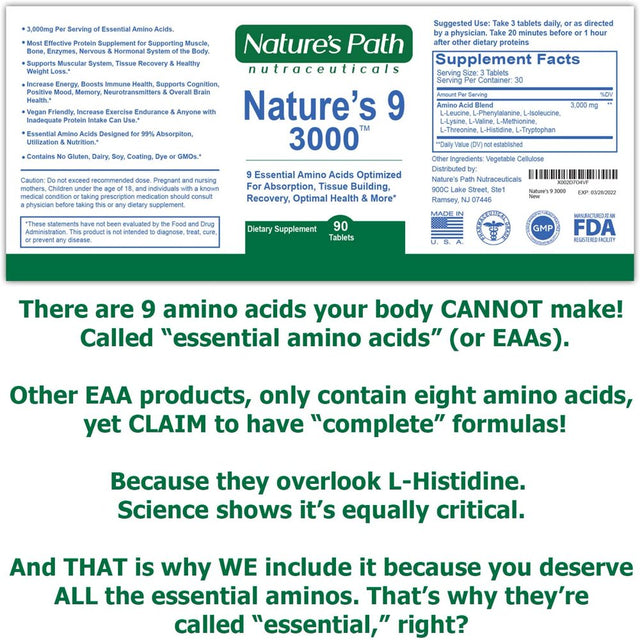 Nature'S Path Nature'S 9 3000 - 9 Essential Amino Acids - Pre- and Post-Workout Tablets