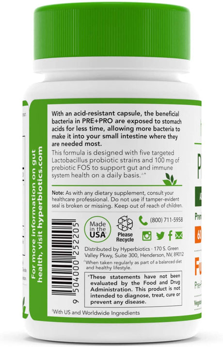 Hyperbiotics Pre + Pro 60B, 60 Billion CFU, 30 Acid-Resistant Capsules