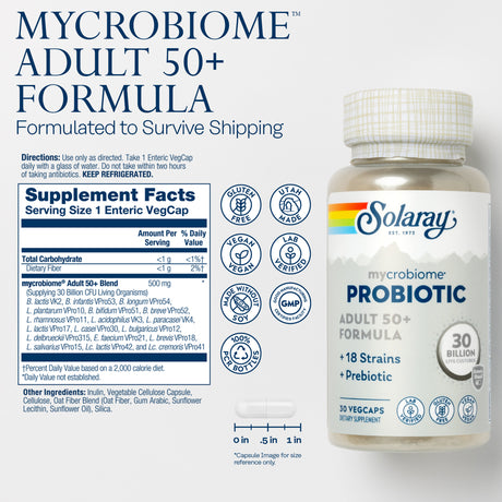 Solaray Mycrobiome Probiotic Adult 50+ Formula | Healthy Digestion, Metabolism, Energy, Colon & Urinary Tract Support | 30 Billion CFU | 30 Vegcaps