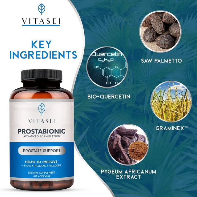 VITASEI Prostabionic Prostate Dietary Supplements for Men W/Saw Palmetto, Bio-Quercetin & Pygeum Africanum, Reduce Bathroom Trips, Promotes Sleep & Better Bladder Emptying - 60 Capsules