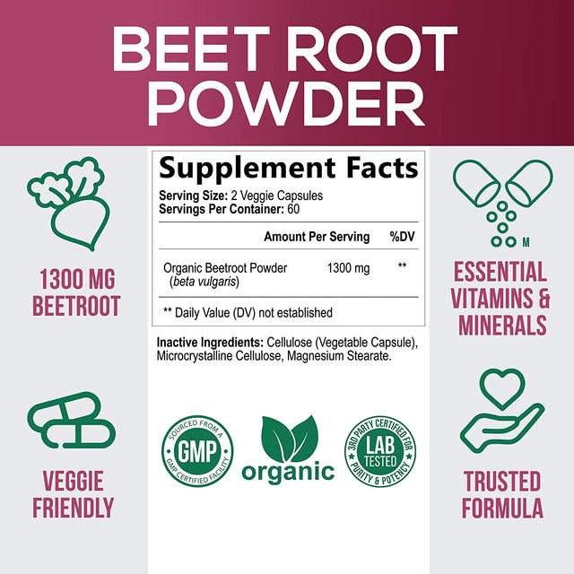 Beet Root Capsules - 1300Mg Extra Strength, Natural Beetroot Powder Extract - Nitric Oxide Supports Heart Health, Endurance & Energy - Vegan Herbal Extract Supplement - Nongmo - 120 Capsules