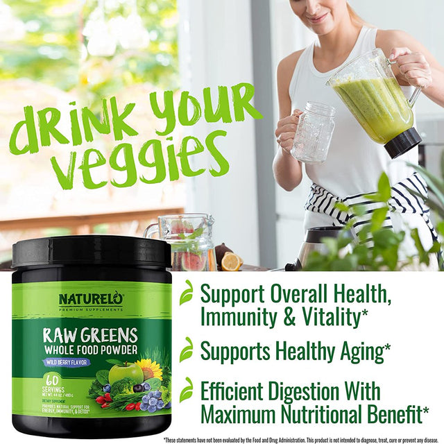 NATURELO Raw Greens Superfood Powder - Wild Berry Flavor - Boost Energy, Detox, Enhance Health - Organic Spirulina - Wheat Grass - Whole Food Nutrition from Fruits & Vegetables - 60 Servings