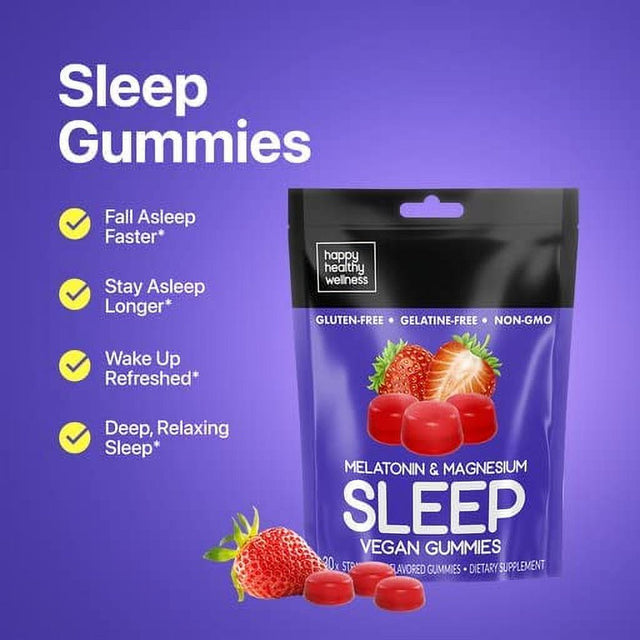 Happy Healthy Wellness Melatonin & Magnesium Sleeping Gummies, Vegan, Gluten & Gelatin Free Natural Flavor Gummy for Sleep Support, Dream Supplement, Strawberry