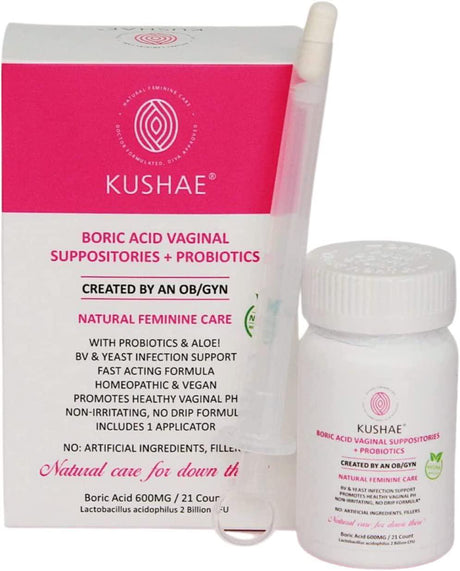 Kushae Boric Acid Suppositories with 1 Applicator, OB/GYN Made, All-Natural, Non-Irritating, 21 Ct