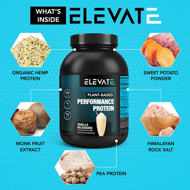 Elevate Plant Based Vegan Protein Powder with High Bcaas and Glutamine, Low Carb Protein Powder Vanilla Milkshake, Non GMO, NO Sugar, Dairy and Soy Free (26 Servings) Nutrition