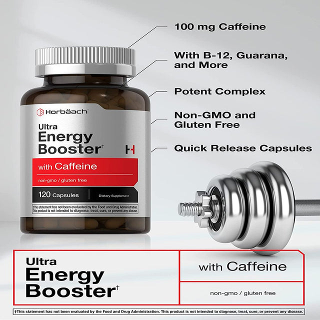 Ultra Energy Supplement | 120 Capsules | with Caffeine & Vitamin B12 | by Horbaach