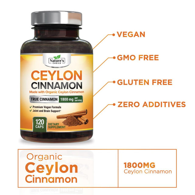 Ceylon Cinnamon Capsules - Certified Organic Cinnamon Pills, Non-Gmo, Dairy & Gluten Free, Sri Lanka Cinnamon Powder Supplement, Vegan True Cinnamomum Vitamins, Sugar Free, 120 Count Cinnamon Capsules