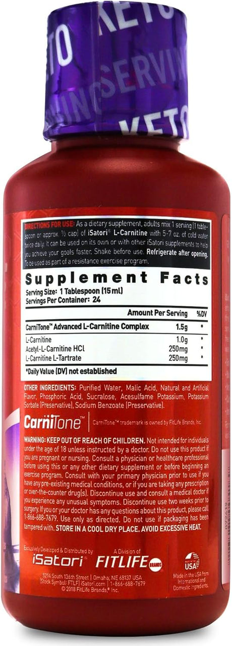 Isatori L-Carnitine 1500, Mixed Berry Flavor, Liquid L-Carnitine with Acetyl L-Carnitine, L-Carnitine L-Tartrate, Stimulant Free Energy, No Calories, Sugar, Gluten, Keto-Friendly (24 Servings)