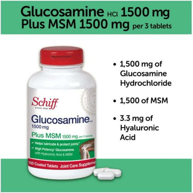 Schiff Glucosamine 1500Mg plus MSM and Hyaluronic Acid 150 Tablets - Joint Supplement (Pack of 3)